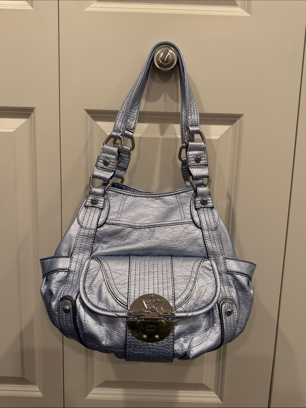 Kathy Van Zeeland Metallic Light Blue Shoulder Bag with Silver Hardware